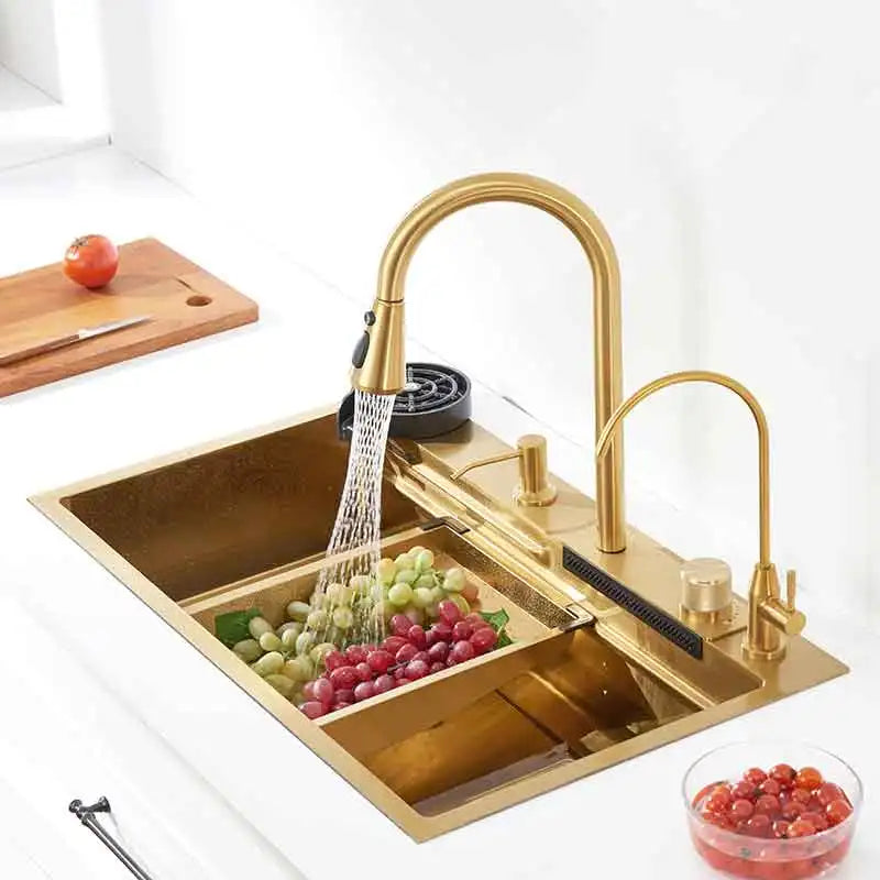 Gold Kitchen Sink Waterfall Faucet Nano Golden Stainless Steel Basin