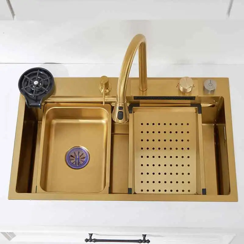 Gold Kitchen Sink Waterfall Faucet Nano Golden Stainless Steel Basin