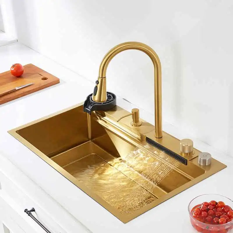 Gold Kitchen Sink Waterfall Faucet Nano Golden Stainless Steel Basin