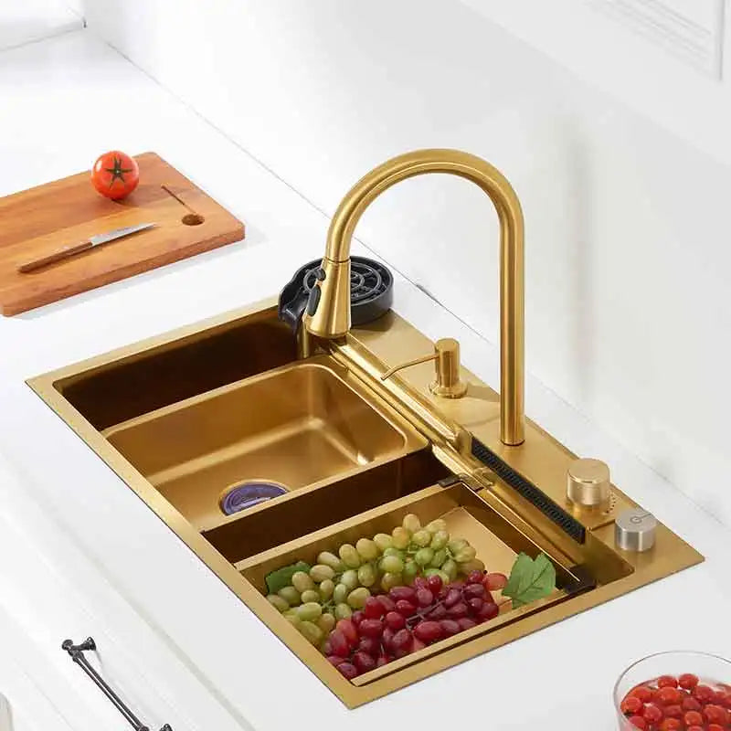 Gold Kitchen Sink Waterfall Faucet Nano Golden Stainless Steel Basin