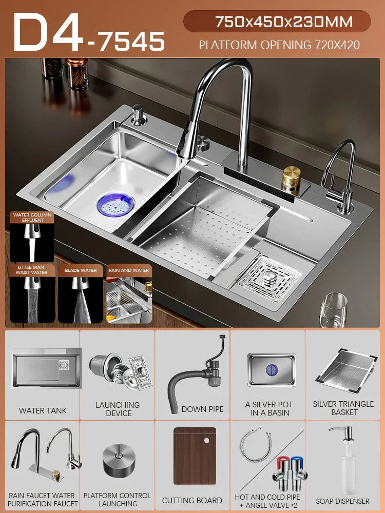 Silver Premium Stainless Steel Sink 3mm Nano Waterfall Faucet