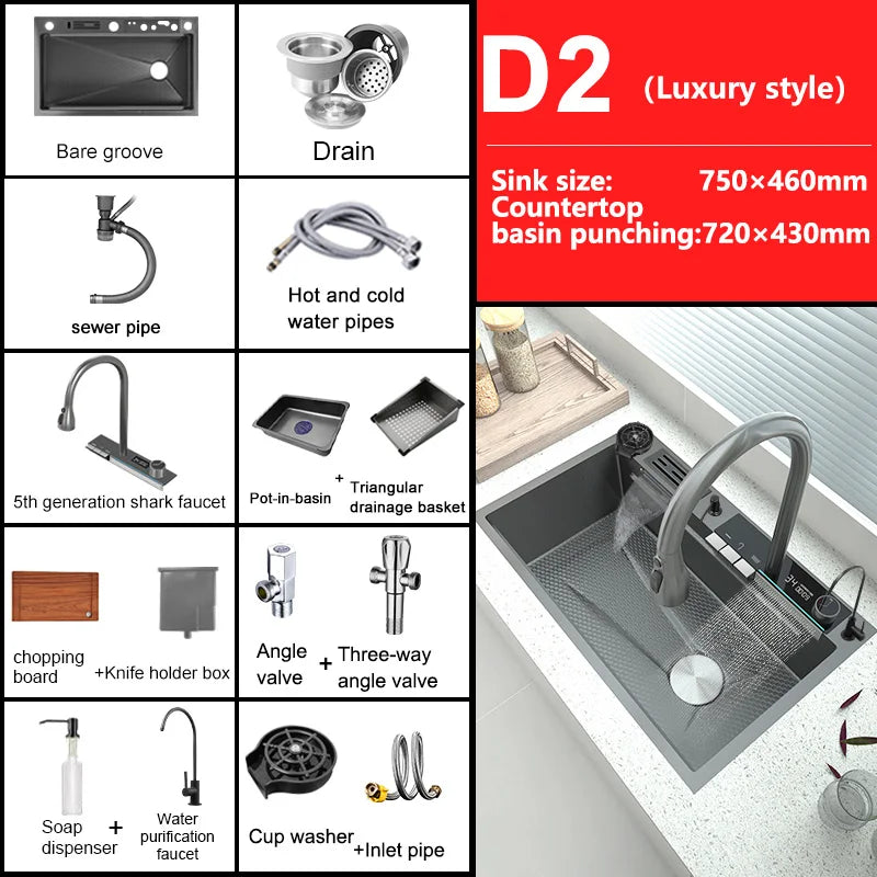 304 Waterfall Stainless Steel Kitchen Sink Large Single Sink Built-