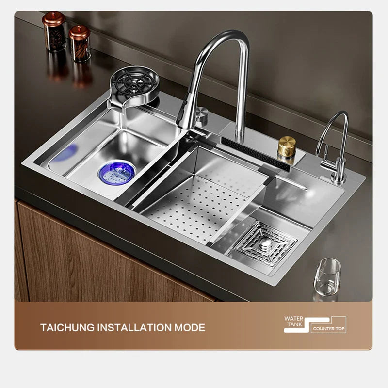 Silver Premium Stainless Steel Sink 3mm Nano Waterfall Faucet