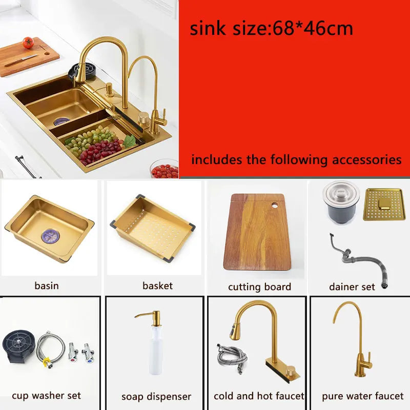 Gold Kitchen Sink Waterfall Faucet Nano Golden Stainless Steel Basin