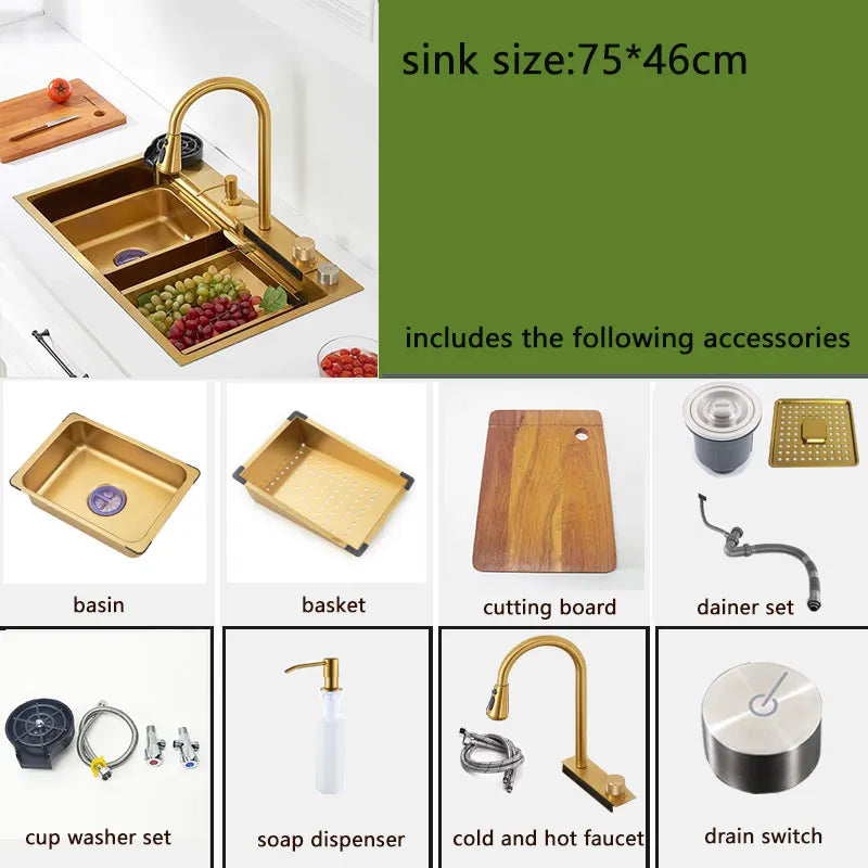 Gold Kitchen Sink Waterfall Faucet Nano Golden Stainless Steel Basin