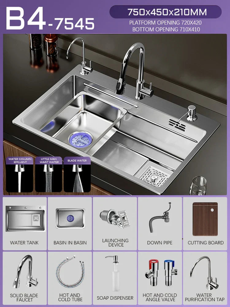 Silver Premium Stainless Steel Sink 3mm Nano Waterfall Faucet