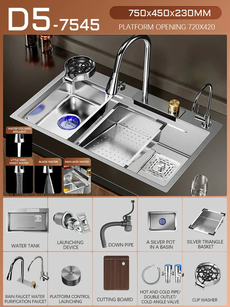 Silver Premium Stainless Steel Sink 3mm Nano Waterfall Faucet