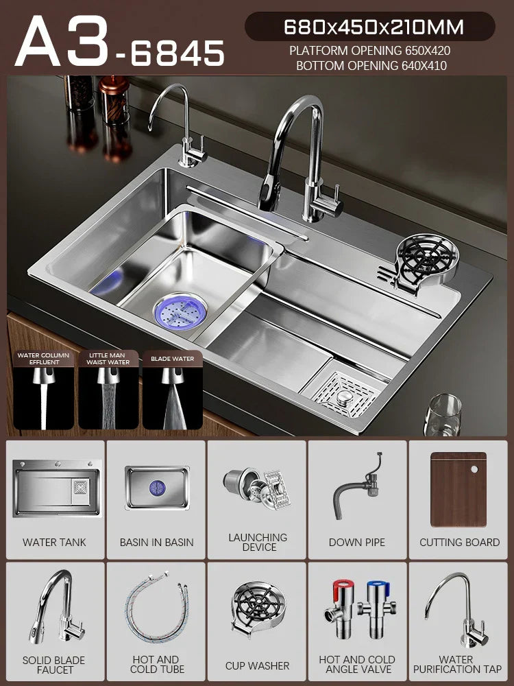 Silver Premium Stainless Steel Sink 3mm Nano Waterfall Faucet