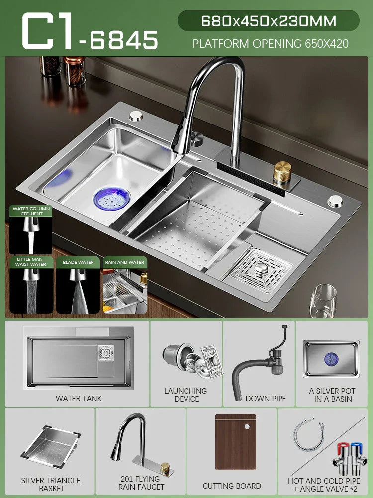 Silver Premium Stainless Steel Sink 3mm Nano Waterfall Faucet