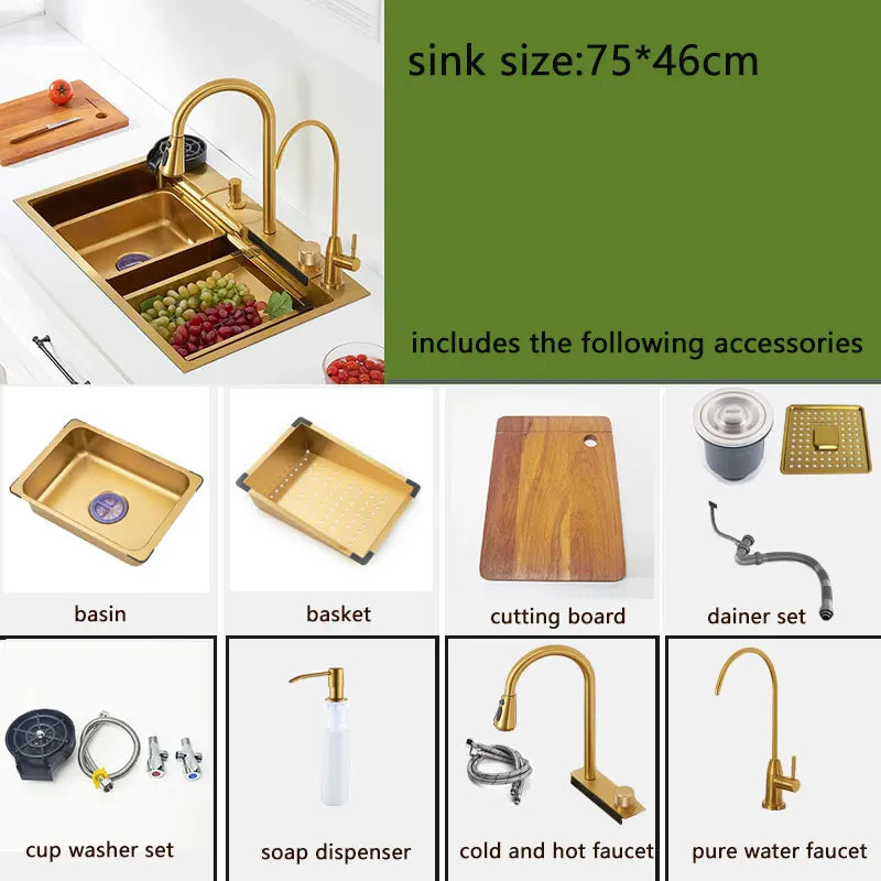 Gold Kitchen Sink Waterfall Faucet Nano Golden Stainless Steel Basin