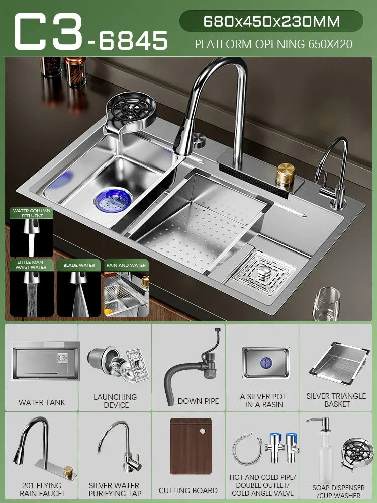 Silver Premium Stainless Steel Sink 3mm Nano Waterfall Faucet