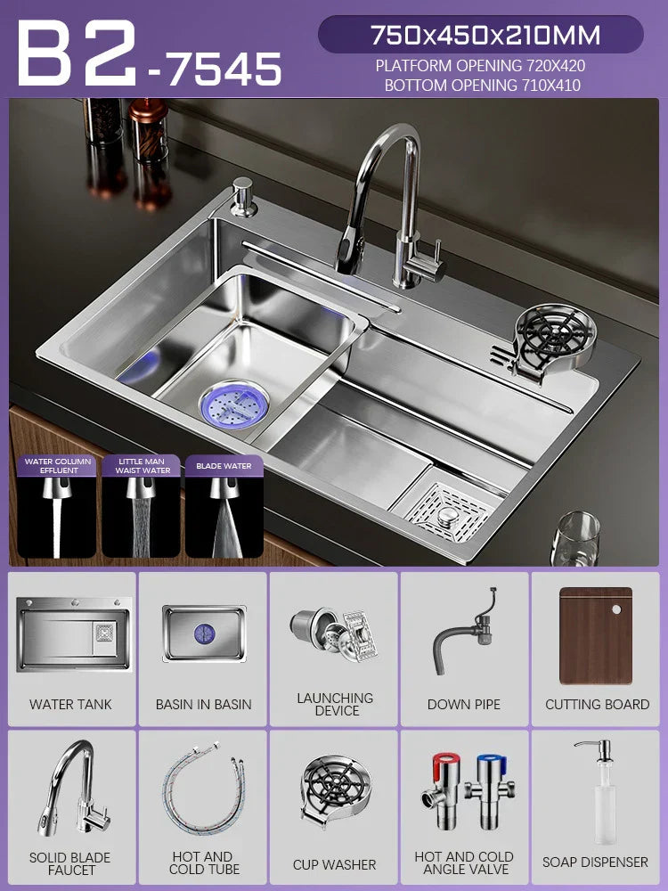 Silver Premium Stainless Steel Sink 3mm Nano Waterfall Faucet