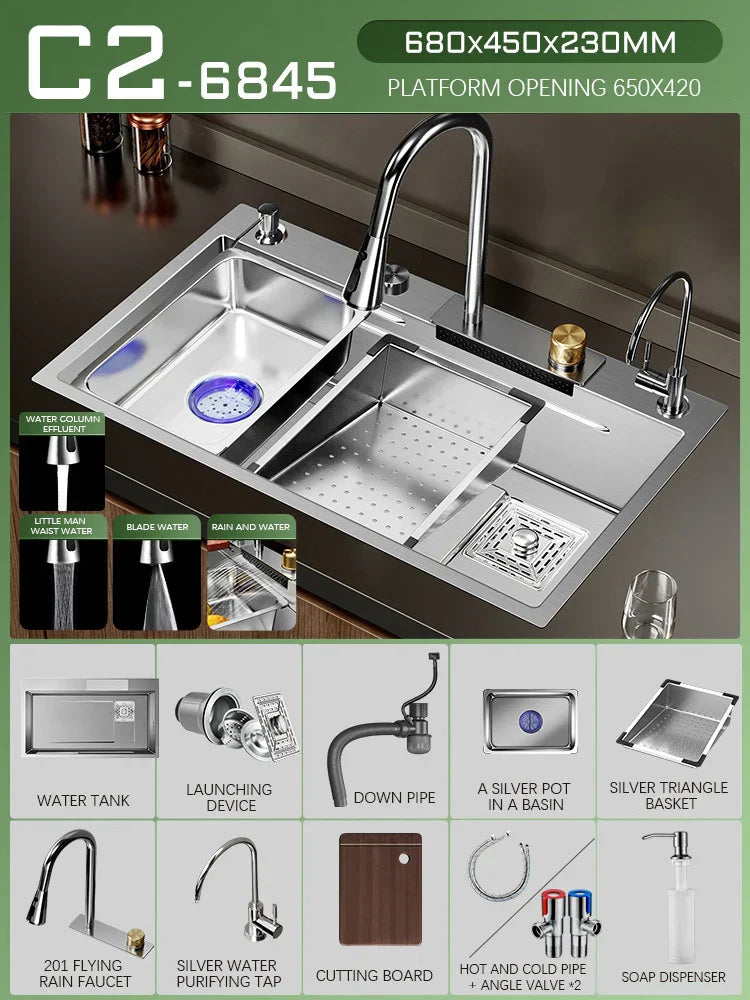 Silver Premium Stainless Steel Sink 3mm Nano Waterfall Faucet