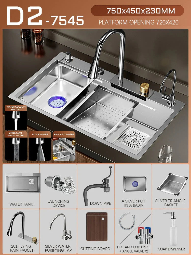 Silver Premium Stainless Steel Sink 3mm Nano Waterfall Faucet