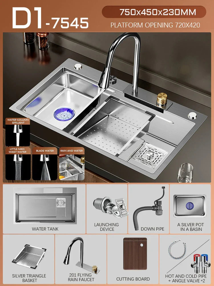 Silver Premium Stainless Steel Sink 3mm Nano Waterfall Faucet