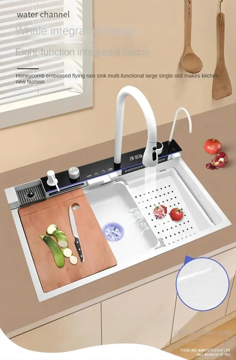 White Nano Multifunctional Kitchen Sink 304 Stainless Steel Single Sin